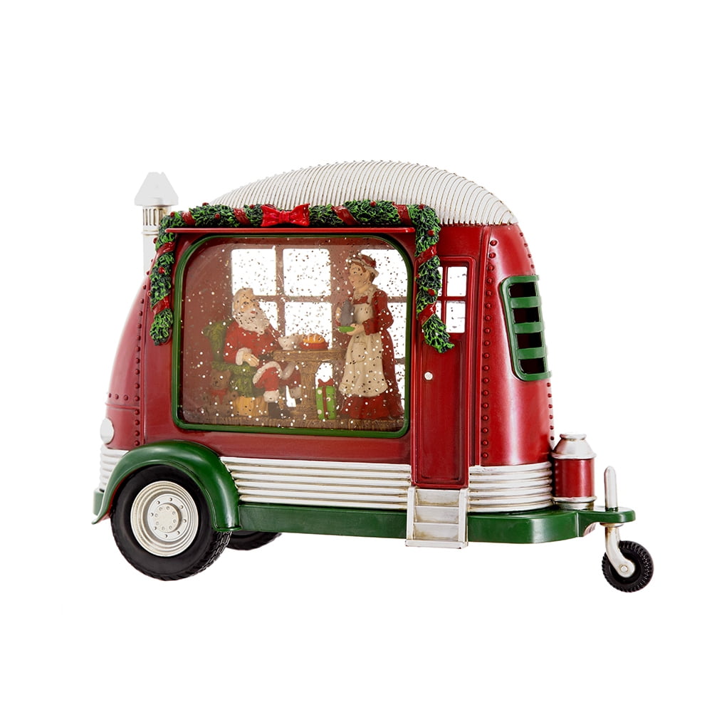 Christmas Resin Camper With Mr & Mrs Santa Tea Time Led/Water Spinning/2 Way Switch, 3*AA Required, 11.3"x4.4"x8"H
