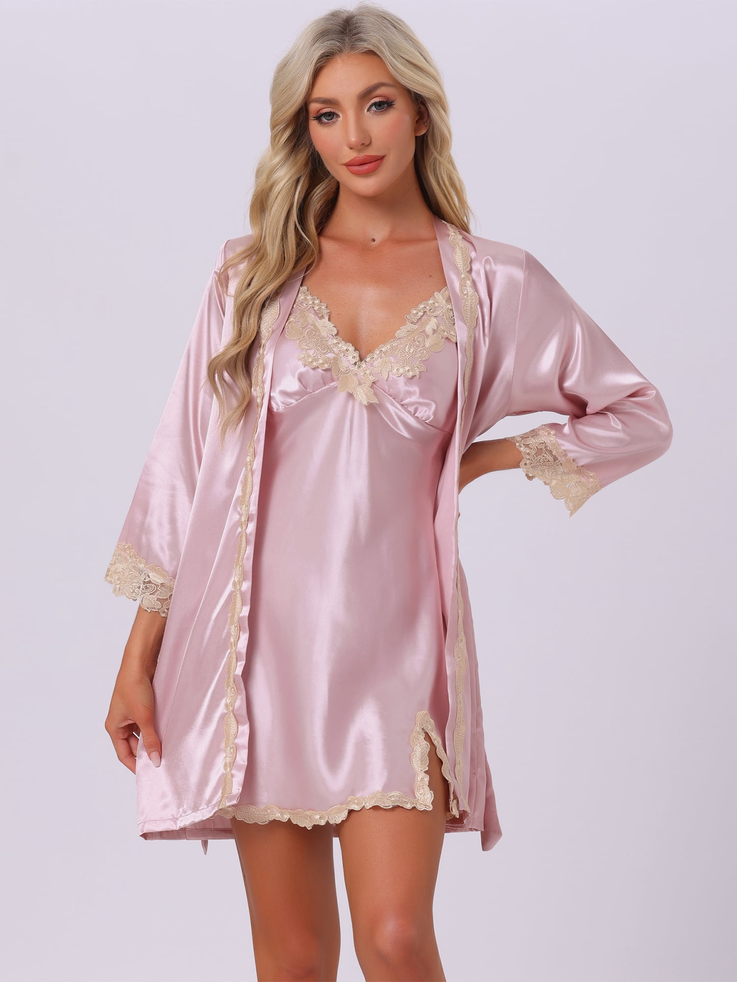 DARING DIVA Women's 2 Pcs Satin Pajamas Set with Robe M Light Pink