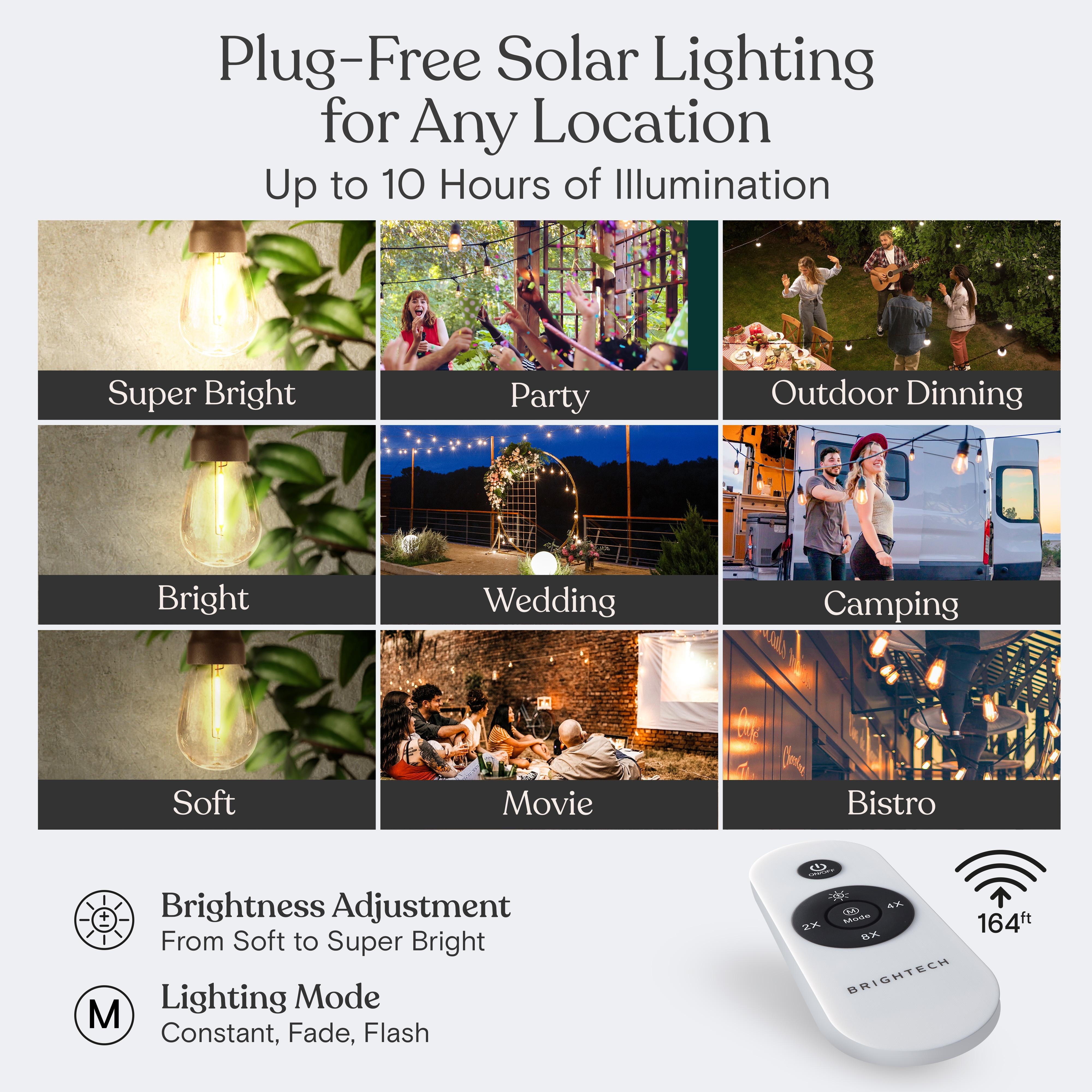 Brightech Ambience Pro Solar String Lights - Super Bright 27Ft Remote Control Outdoor String Lights with 12 Shatterproof S14 Bulbs, Commercial Grade LED, Waterproof Patio Lights, 4W Soft White