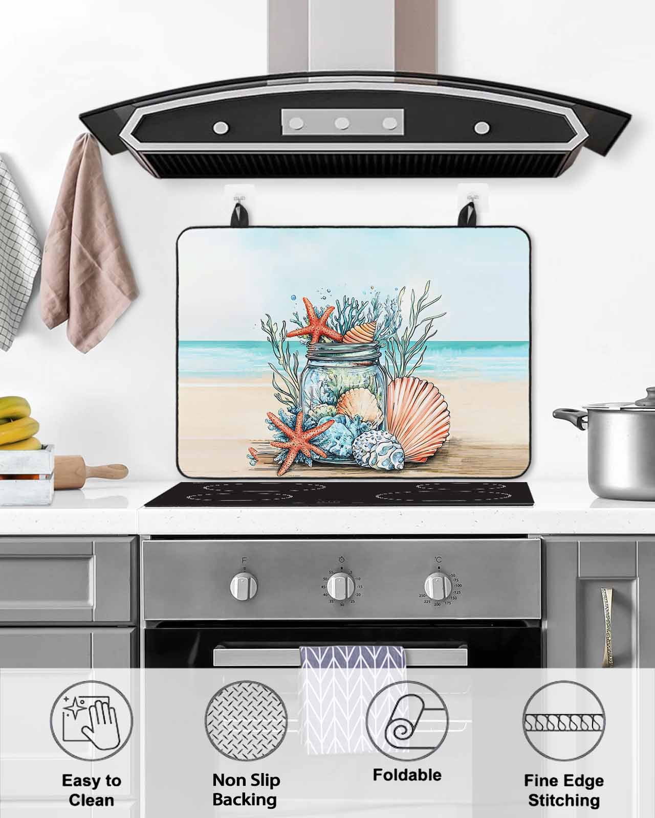 nqOlkjepod Large Induction Cooktop Protector Mat 36"x21", Coastal Beach Stove Top Covers for Electric Stove, Summer Ocean Starfish Coral Shells Stove Burner Cover Mats, Glass Top Stove Cover