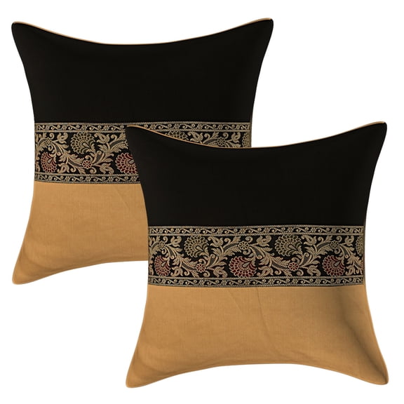 Stylo Culture Ethnic Decorative Throw Pillow Covers 16x16 Brocade Jacquard Patchwork Black Beige Traditional 40cm x 40cm Bedroom Polydupion Floral Square Cushion Covers | Set Of 2