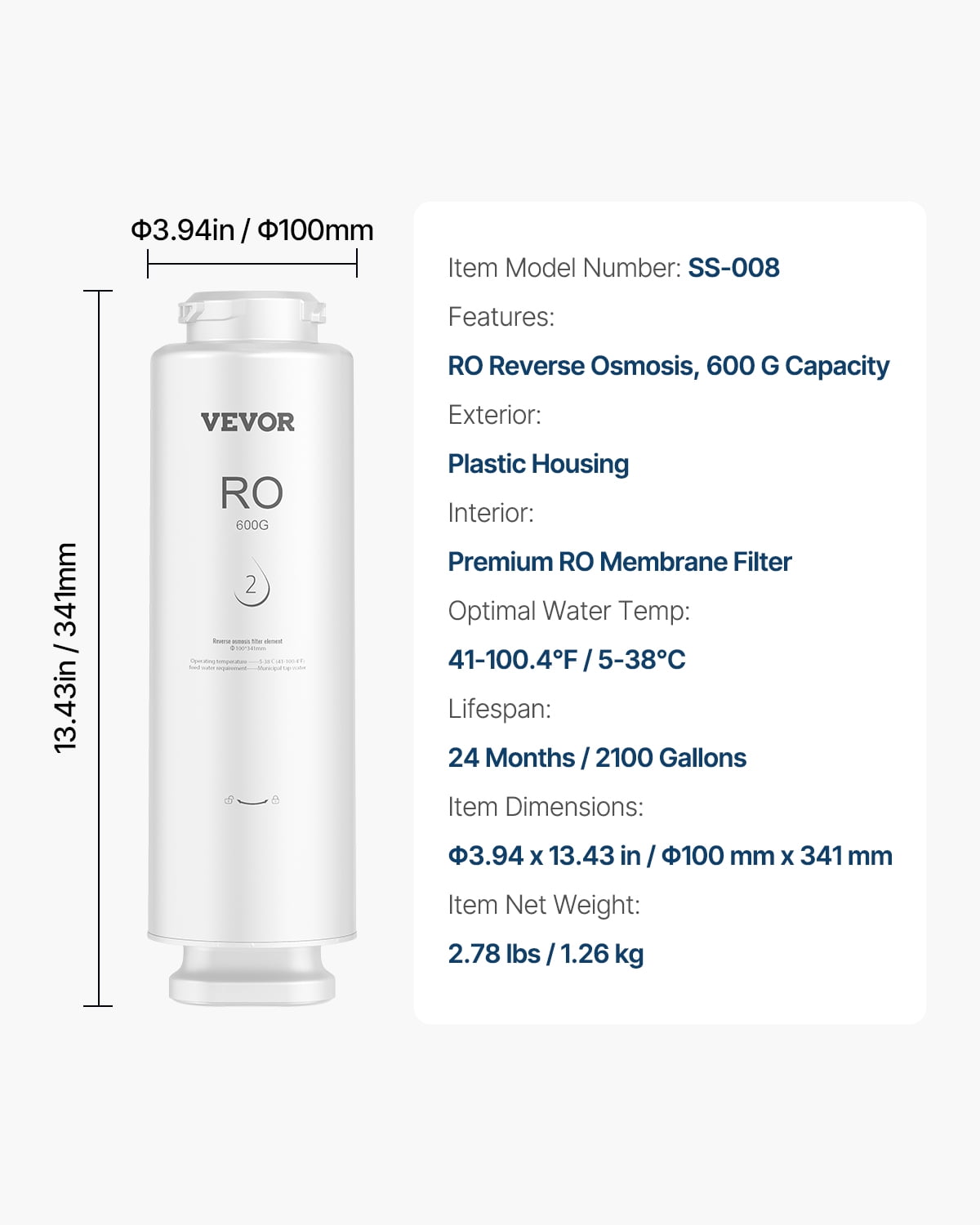 VEVOR Reverse Osmosis System, 600 GPD 10-stage Reverse Osmosis Water Filter Replacement, RO Filter Cartridge for 24 Months, Reduces Lead & Chlorine, Compatible with SS-003 Under Sink Water Filter