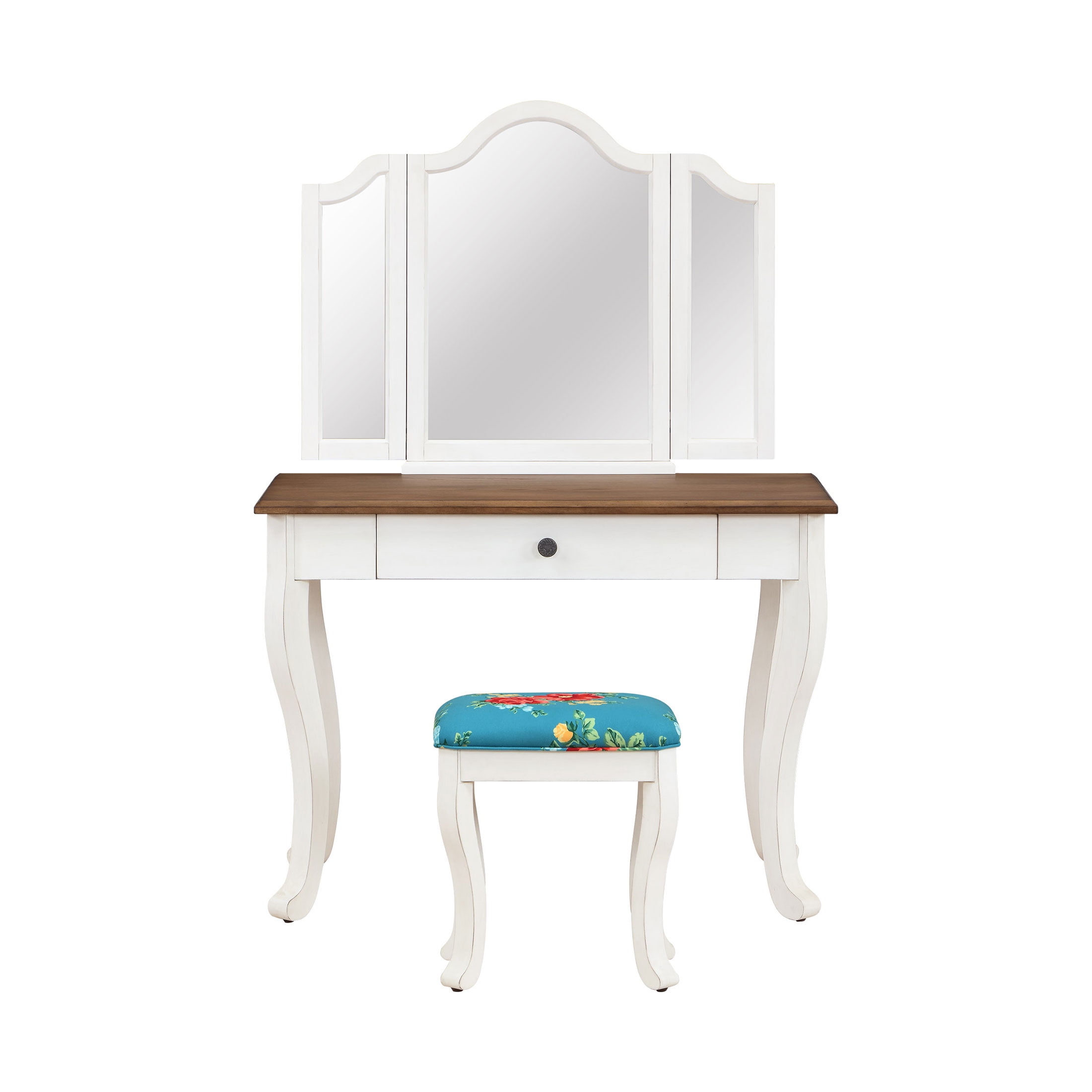 The Pioneer Woman Vanity Set and Stool with Tri-Fold Mirror and Made With Solid Wood Frame, White