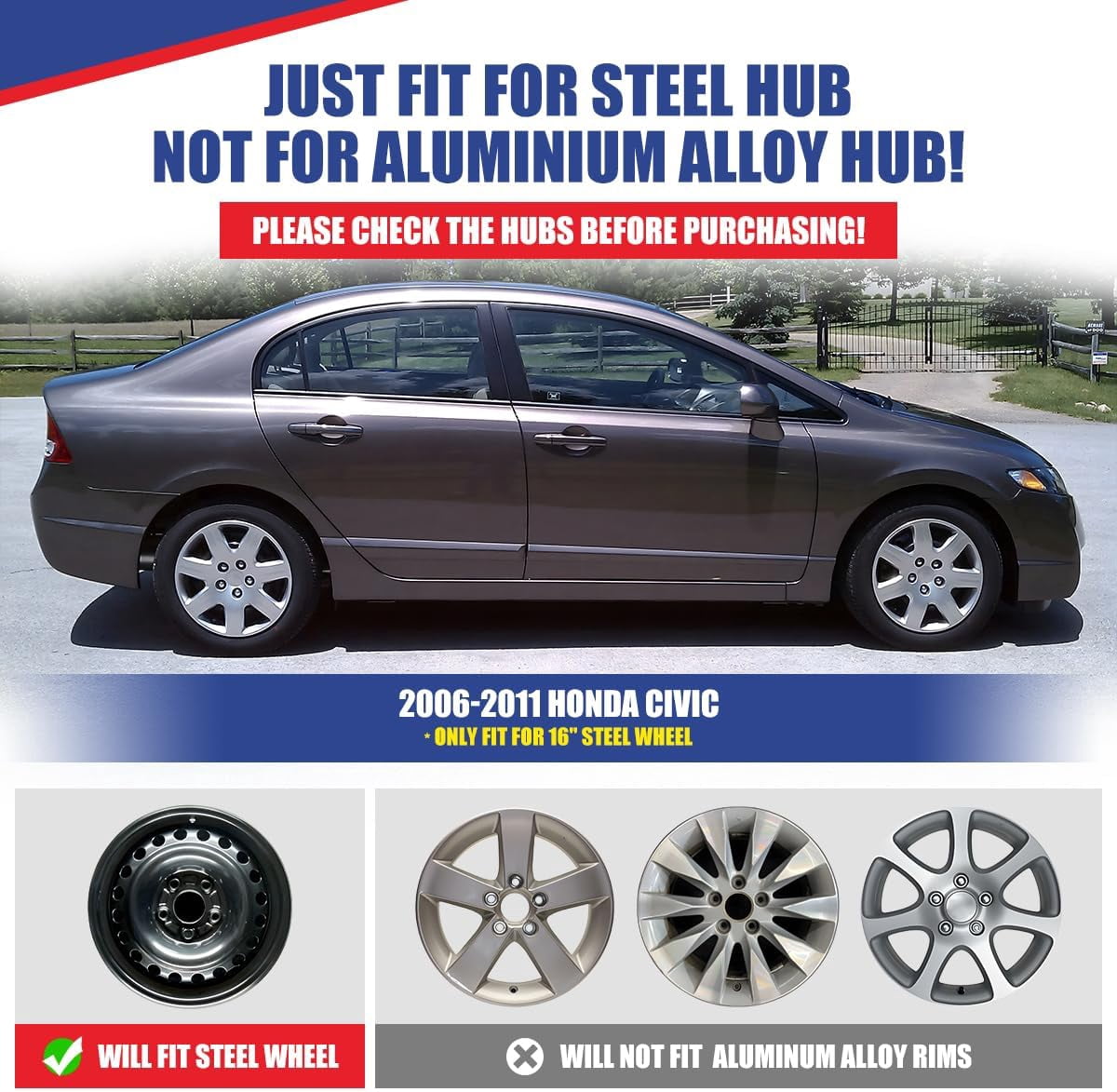 (Set of 4)16 inch Hubcaps Fit for Honda Civic 2006 2007 2008 2009 2010 2011,Only Fit Iron Hub - Steel Wheel,Bolt on Installation(Black Lacquer)