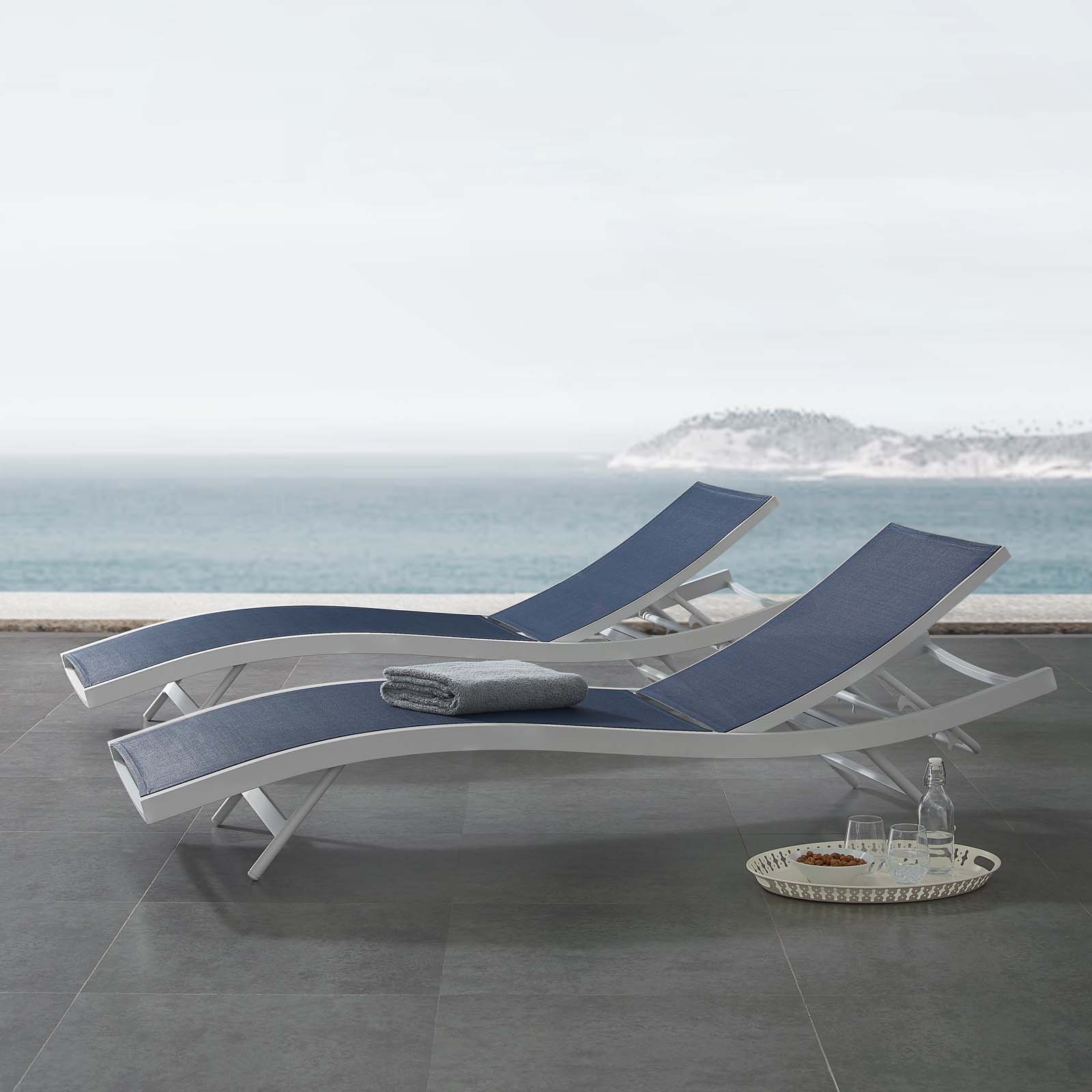Modern Contemporary Urban Design Outdoor Patio Balcony Garden Furniture Lounge Chair Chaise, Fabric Aluminium, White Navy - image 3 of 7