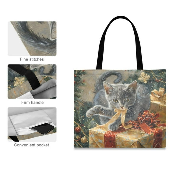 Canvas Tote Bag for Women Girls Design Print Playful Kitten with Holiday Gifts Tote