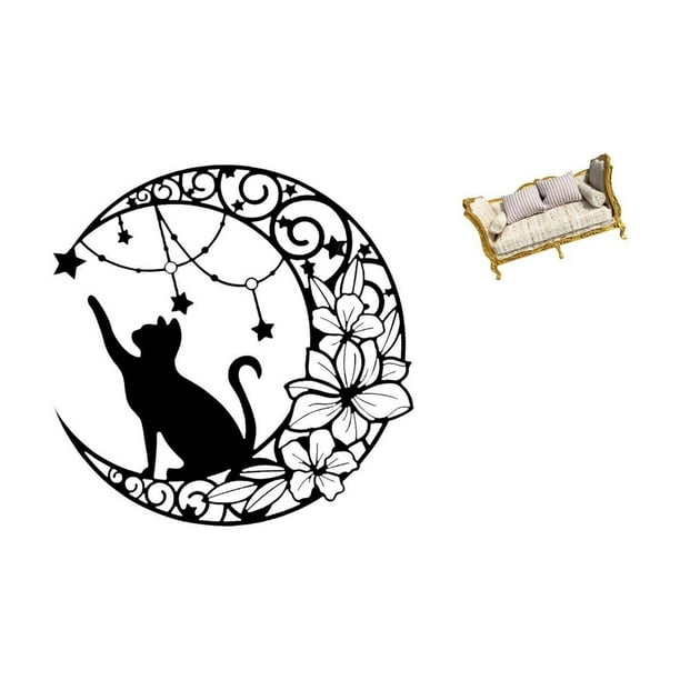 Escultura De Sofá De Gato Iluminado Por La Luna Para Amantes Del Arte En Miniatura De Casas De Muñecas, Decoración De Pared De Metal Negro Y Muebles De Simulación Artesanal, Escena De