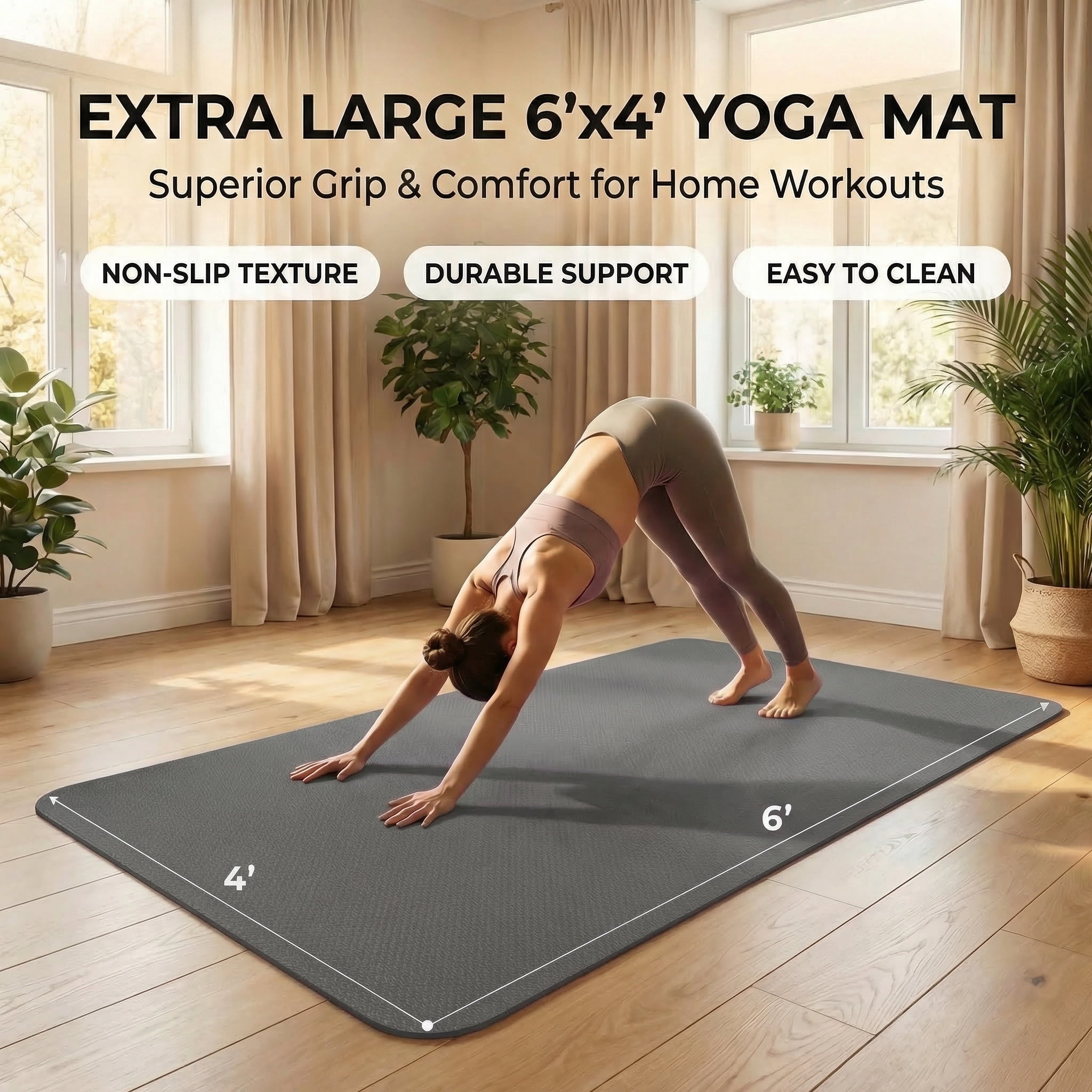 FrenzyBird Large Yoga Mat 6'x4' (72"x48") 183x122cm, 1/4" & 1/3" Thick TPE Non-Slip Extra Wide Exercise Mat, Big Home Workout Mat for Yoga, Pilates, Gym & Floor Workouts for Women & Men（6mm Gray）