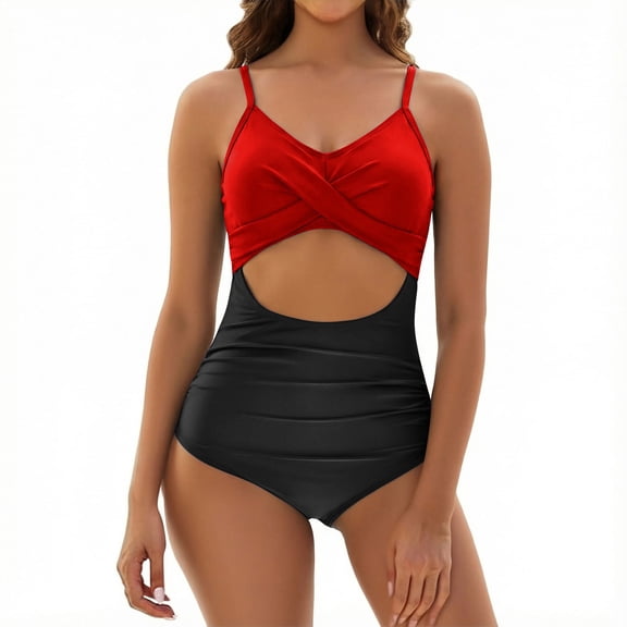 Hduncf One Piece Swimsuit for Women Tummy Control Bathing Suits Full Coverage Swimwear Twist Front Ruched Swim Suits for Women Red M