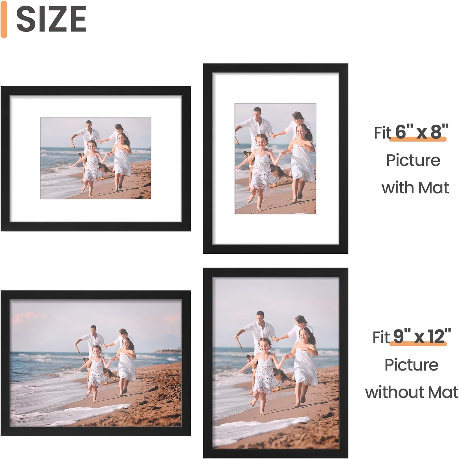 Sindcom 6 Pack 9x12 Picture Frames,Display Pictures 6x8 with Mat or 9x12 Without Mat,Gallery Wall Photo Frames, Black