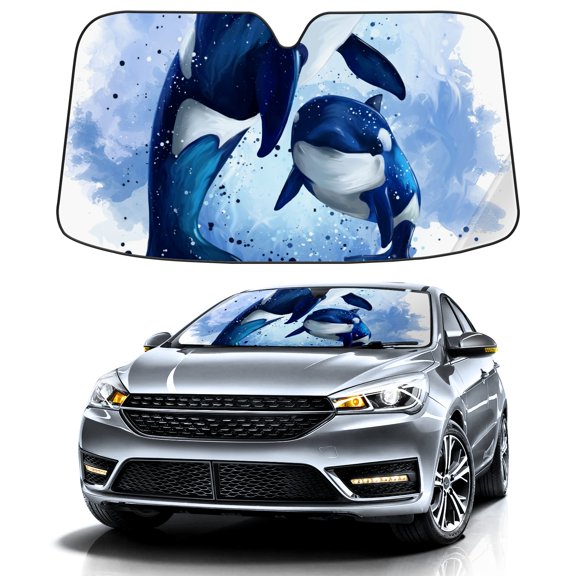 Car Windshield Sun Shade For Front Window Cute Killer Whale Watercolor Foldable Vehicle Windshield Car Sun Visor Covers Automotive Window Protector Car Camping Privacy Sun Blocker
