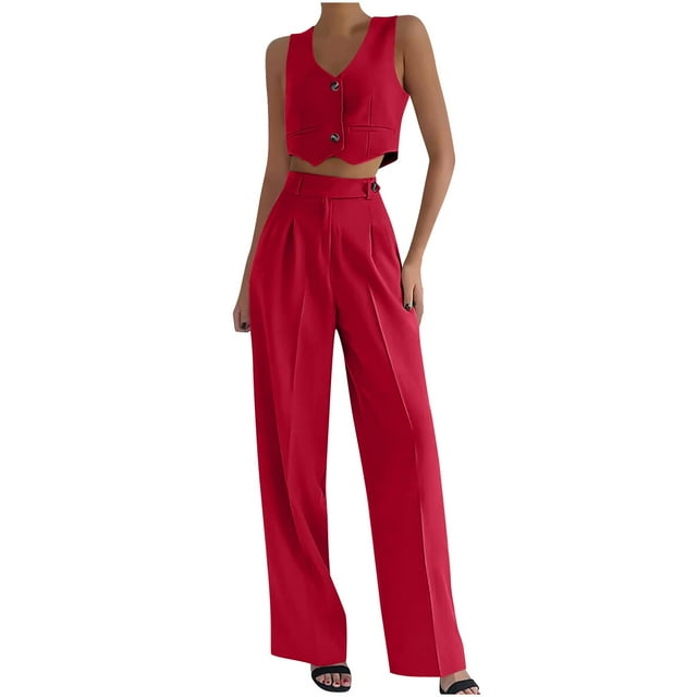 Tumotour Summer 2 Piece Outfits For Women V Neck Sleeveless Button Down Waistcoat And Wide Leg Pants Set With Pockets