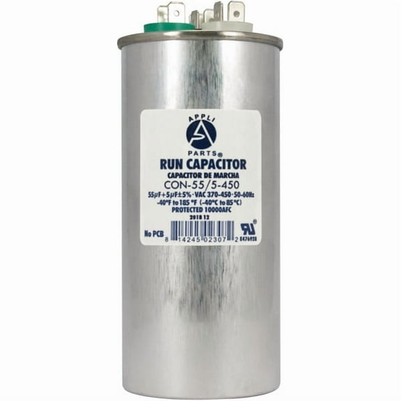 Appli Parts Dual Run Capacitor for ac 55 5 Mfd uF (microfarads) 370VAC or 450VAC CBB65 Round Universal fit for hvac and other applications 5-1/8 in High 2 in Wide CON-55/5-450