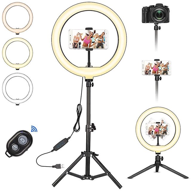 Trípode de luz de anillo Selfie con 3 colores y 10 niveles de brillo, luz de anillo de mesa con Rem BANYUO Hogar