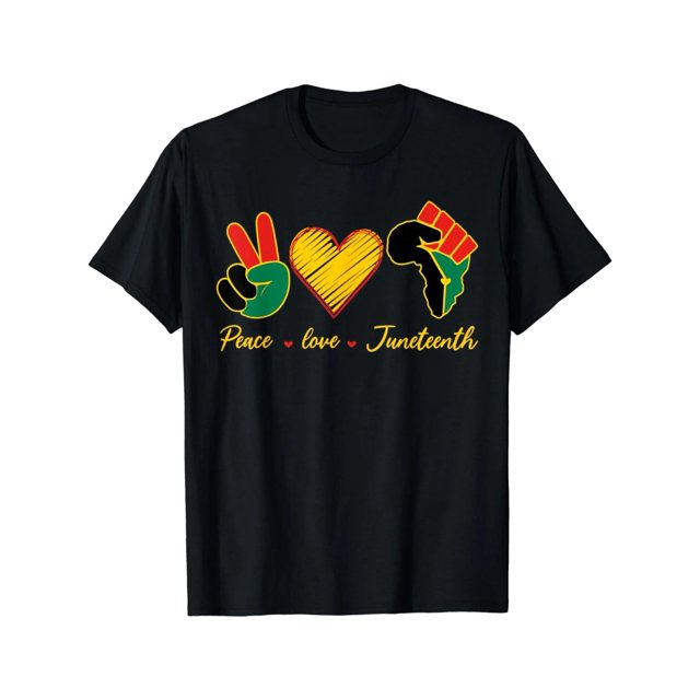 Camiseta informal de cuello redondo para mujer y hombre, de algodón, ideal para todas las estaciones, con la frase "Paz, Amor, Juneteenth", BlackFreedom | Diseño sereno | Ajuste cómodo