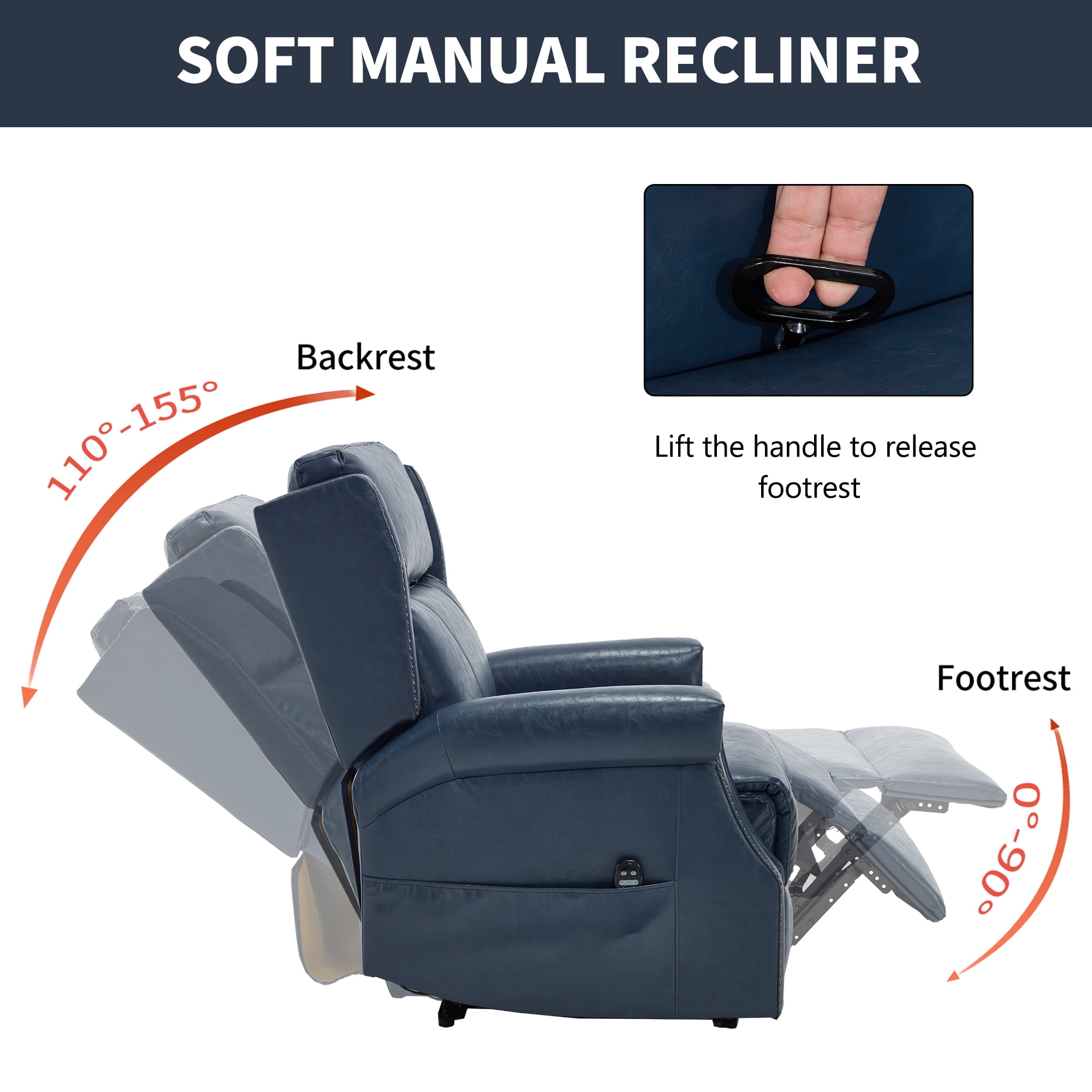 Leumius Recliner Chair for Elderly with Heat and Massage,Heavy Duty Recliners with Side Pockets for Living Room,Blue