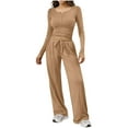 thumbnail image 2 of Bloomae Women's 2 Piece Matching Lounge Sets Fall Fashion Outfits Henley Neck Baisc Athletic Shirts Top Loose Comfy Drawstring Wide Leg Pants Sweat Suits Khaki S, 2 of 9