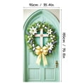 thumbnail image 3 of YaoZQ Religious Easter Door Cover, Christian Cross Wreath with White Lilies and Eggs Banner, Spring Holiday Front Door Decoration, Green, 35 x 71 in, 3 of 7