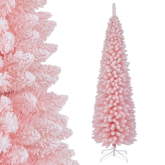 Patiojoy 7 FT Christmas Tree Artificial Xmas Tree with 635 Flocked Branch Tips & Folding Metal Stand Slim Pencil Decoration Tree