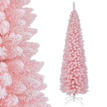 Topbuy 7 FT Christmas Tree Artificial Xmas Tree with 635 Flocked Branch Tips & Folding Metal Stand Slim Pencil Decoration Tree