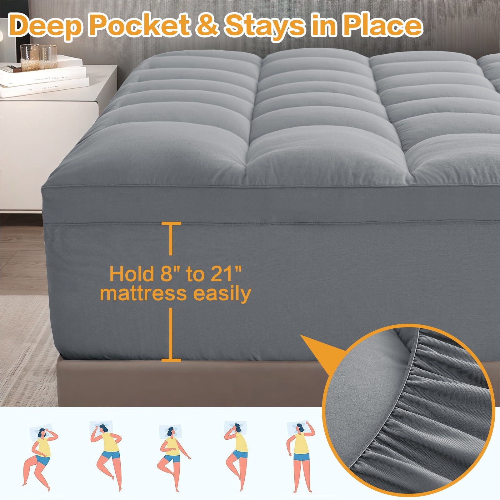 EMONIA 100% 400TC Mattress Topper Cal King for Back Pain Relief,900GSM Pillow Top Mattress Pad, Cooling Mattress Cover w8-21" Deep Elastic Pocket, ultra-soft Noiseless Washable (Light Gray,CalKing)