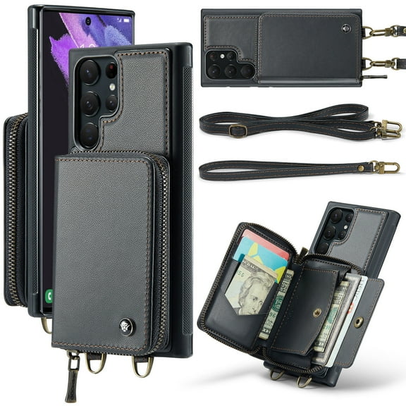 For Samsung Galaxy S22 Ultra Cover With Long lanyard,Shockproof Luxury Leather Zipper Card Pocket Crossbody Case，Silm Stand Case Cover