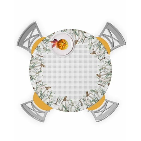 

Round Tablecloth with Elastic Fall Thanksgiving Pumpkin Watercolor Botanical Green Eucalyptus Leaves Grey Plaid Waterproof Table Cover Fitted Table Cloths for 55 -60 Round Tables Dining Kitchen