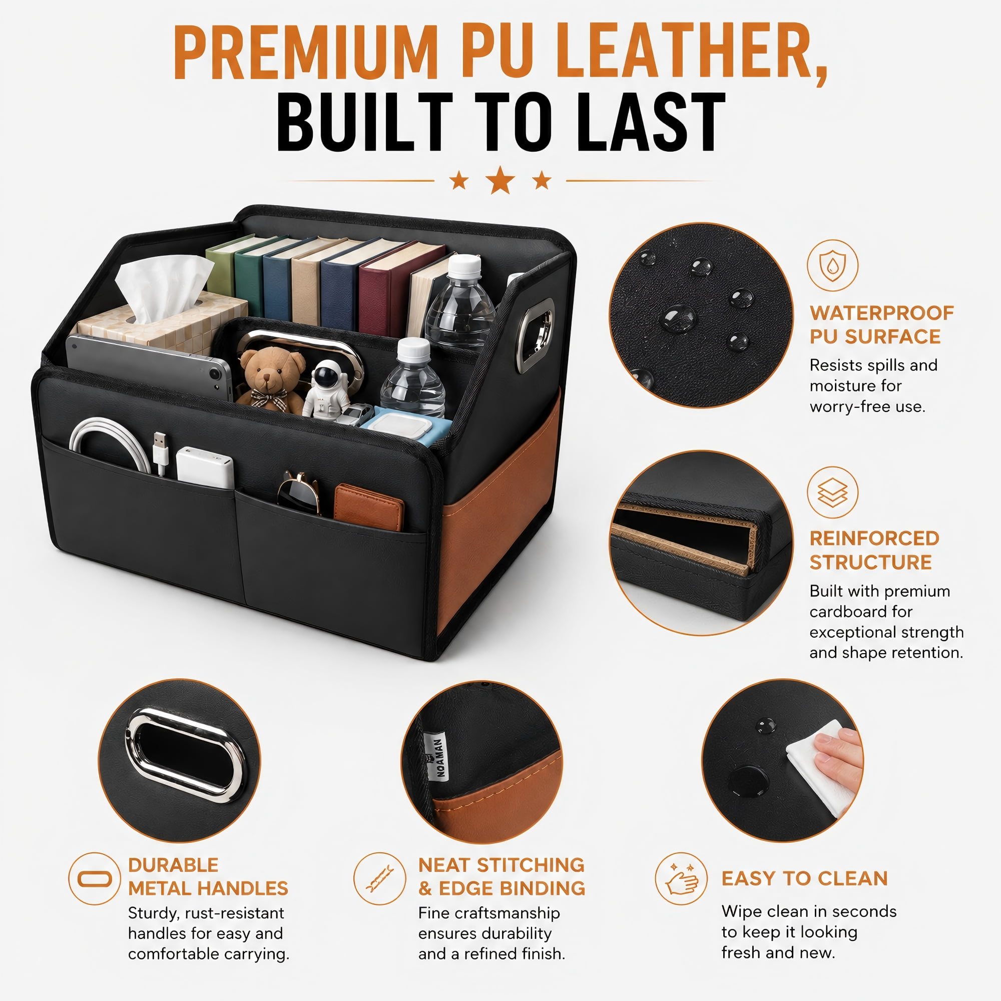 Noaman Leather Car Seat Organizer for Front & Back Seats with 6 Compartments & 3 Handles – Black & Brown