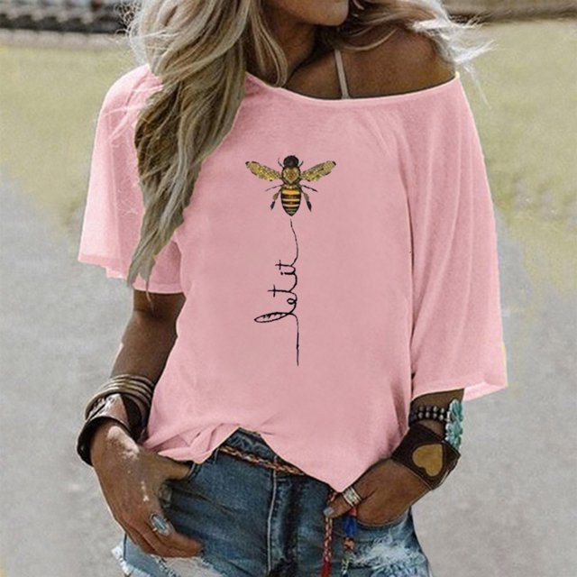 Pntutb Mujeres Tallas grandes Damas Un hombro Abeja Impreso Camiseta top Verano Blusa suelta Pntutb Pntutb-25