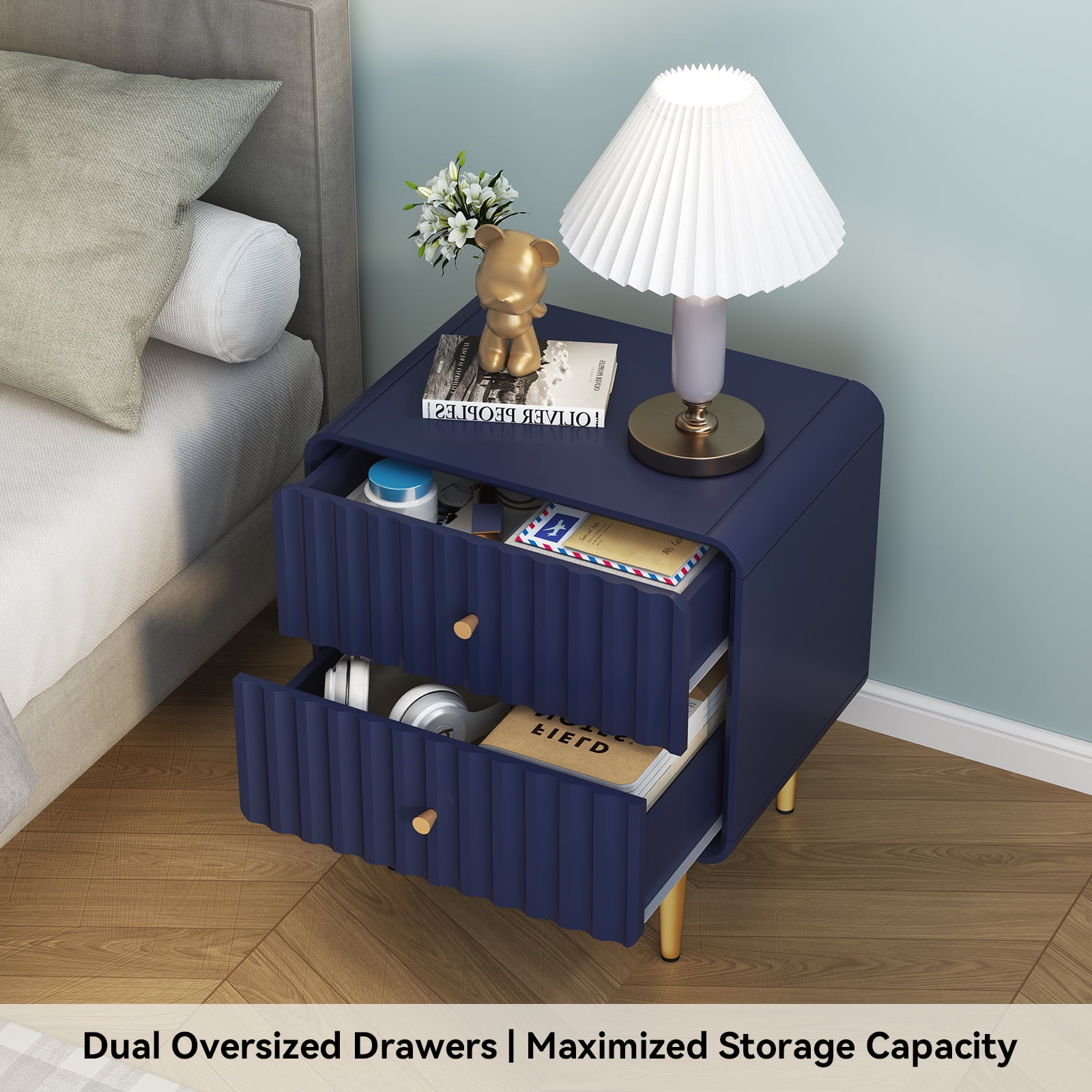 CBJCBJ 20" Modern Fluted Nightstand Set of 1, White Wood Bedside Table with 2 Drawers & Gold Metal Handles（BLUE)