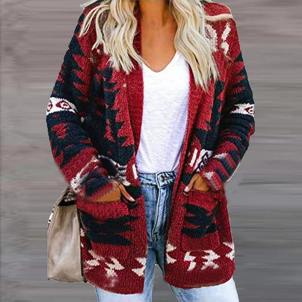 Chaquetas y abrigos casuales de manga larga sin capucha para mujer, con estampado étnico, cuello en V, manga larga, con capucha, abrigos casuales finos, top de poliéster para mujer