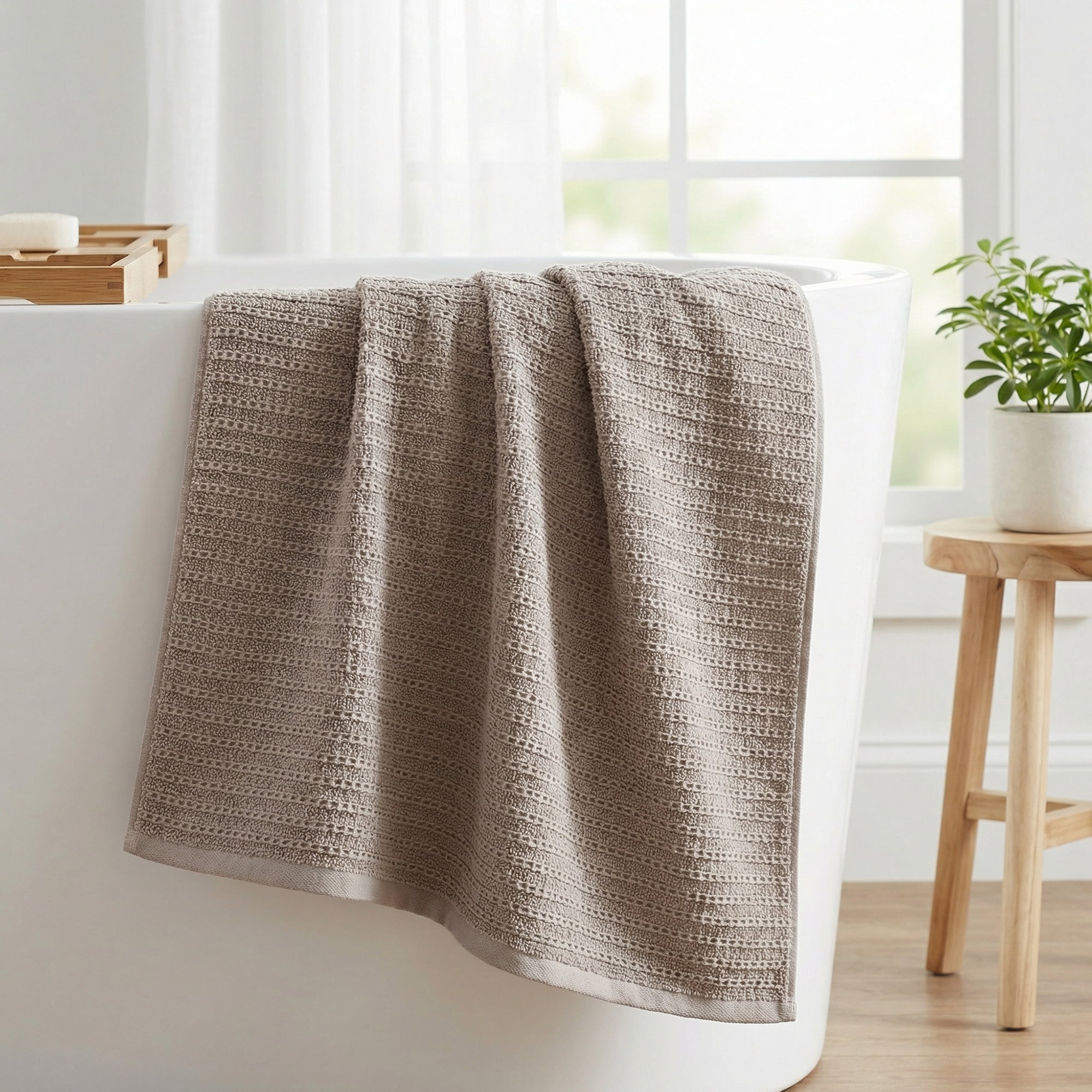Unique Bargains Cotton Waffle Soft Absorbent Bath Towels 2 Pack Grey/Brown 55"x28"