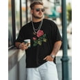 thumbnail image 2 of Men's T-Shirt Three Roses Flower Bud Green Leaf Plant Embroidery Style Short Sleeve Casual Tee Classic Crew Neck T-Shirt for Men, S, 2 of 7