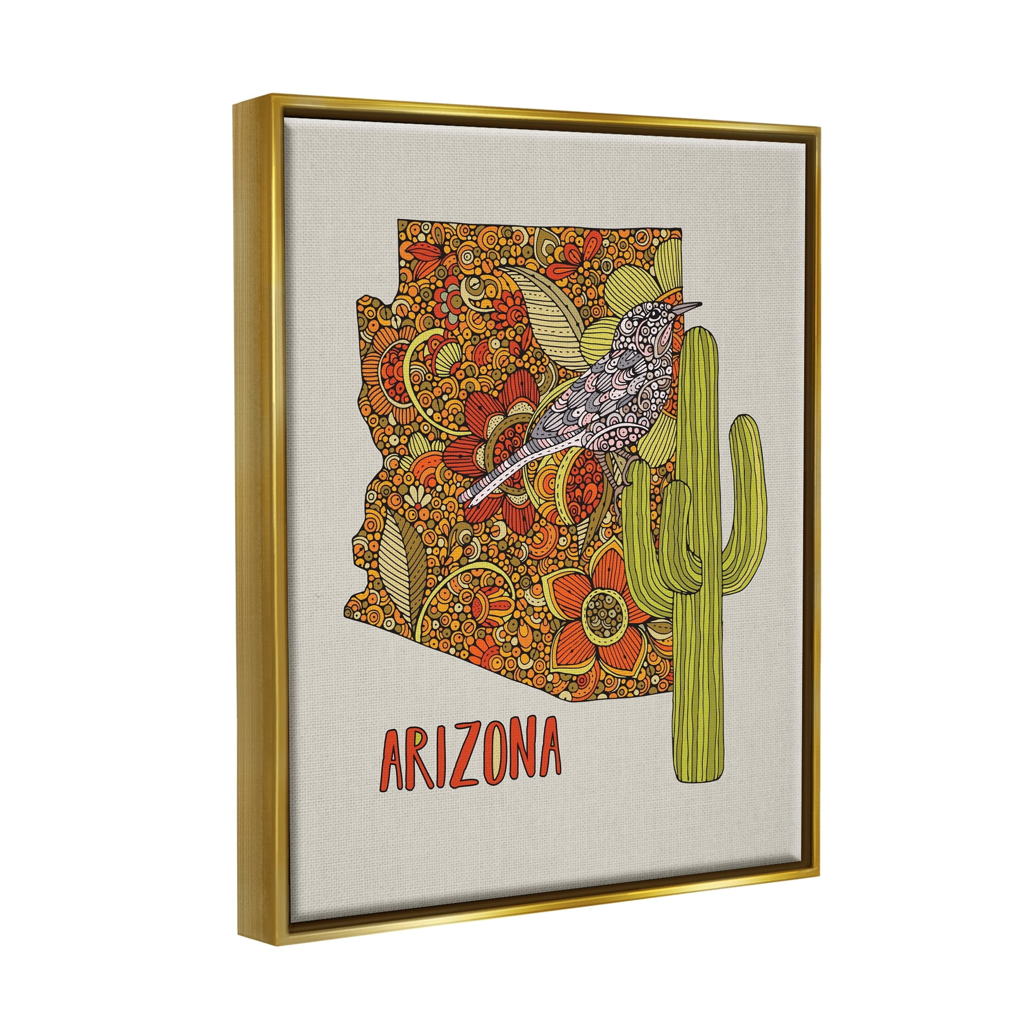 Stupell Industries Arizona State Bird Detailed Cactus Floral Pattern Graphic Art Metallic Gold Floating Framed Canvas Print Wall Art, Design by Valentina Harper