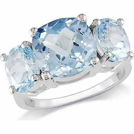 8-2/5 Carat T.G.W. Cushion and Round-Cut Blue Topaz Sterling Silver 3-Stone Ring