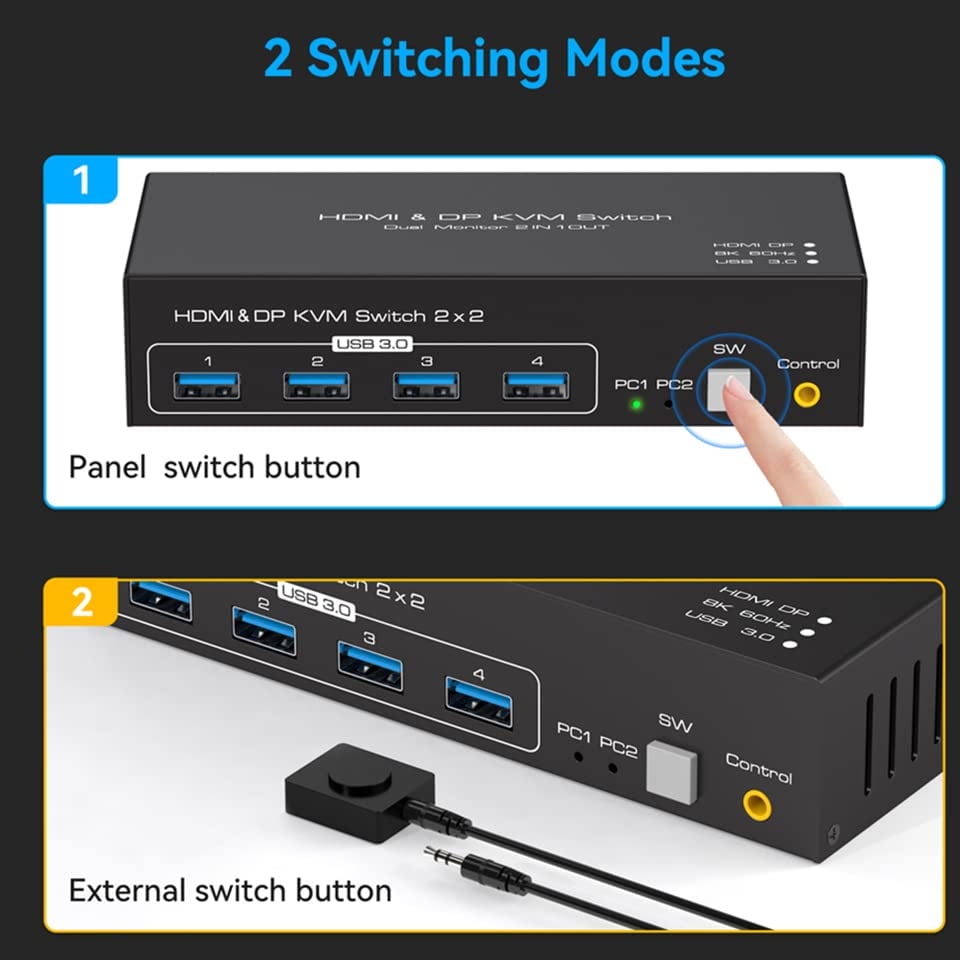 2 Port Dual Monitor DisplayPort HDMI KVM Switch 8K @60Hz, 4K @120Hz, USB 3.0 DP+HDMI KVM Switcher 2 in 2 Out for 2 Computers 2 Monitors with 4 Ports USB 3.0 Support Copy and Extended Display
