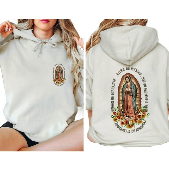 Virgen de Guadalupe Double-Sided Hoodie – Mexican Religious Icon Graphic Pullover, Spiritual Catholic Faith Unisex Sweatshirt