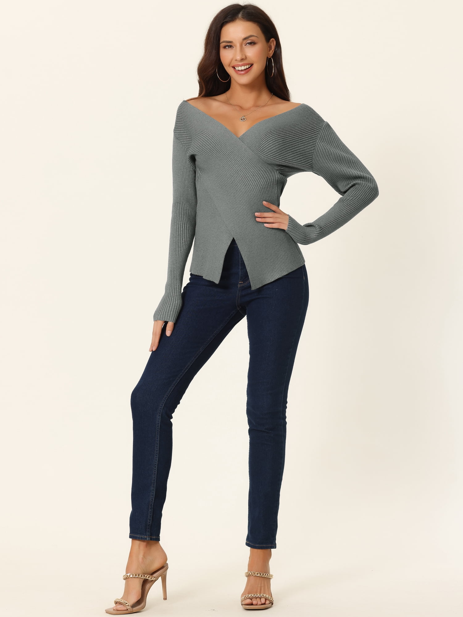 Women's Long Sleeve V Neck Criss Cross Sweater Casual Fall Outfits M Grey