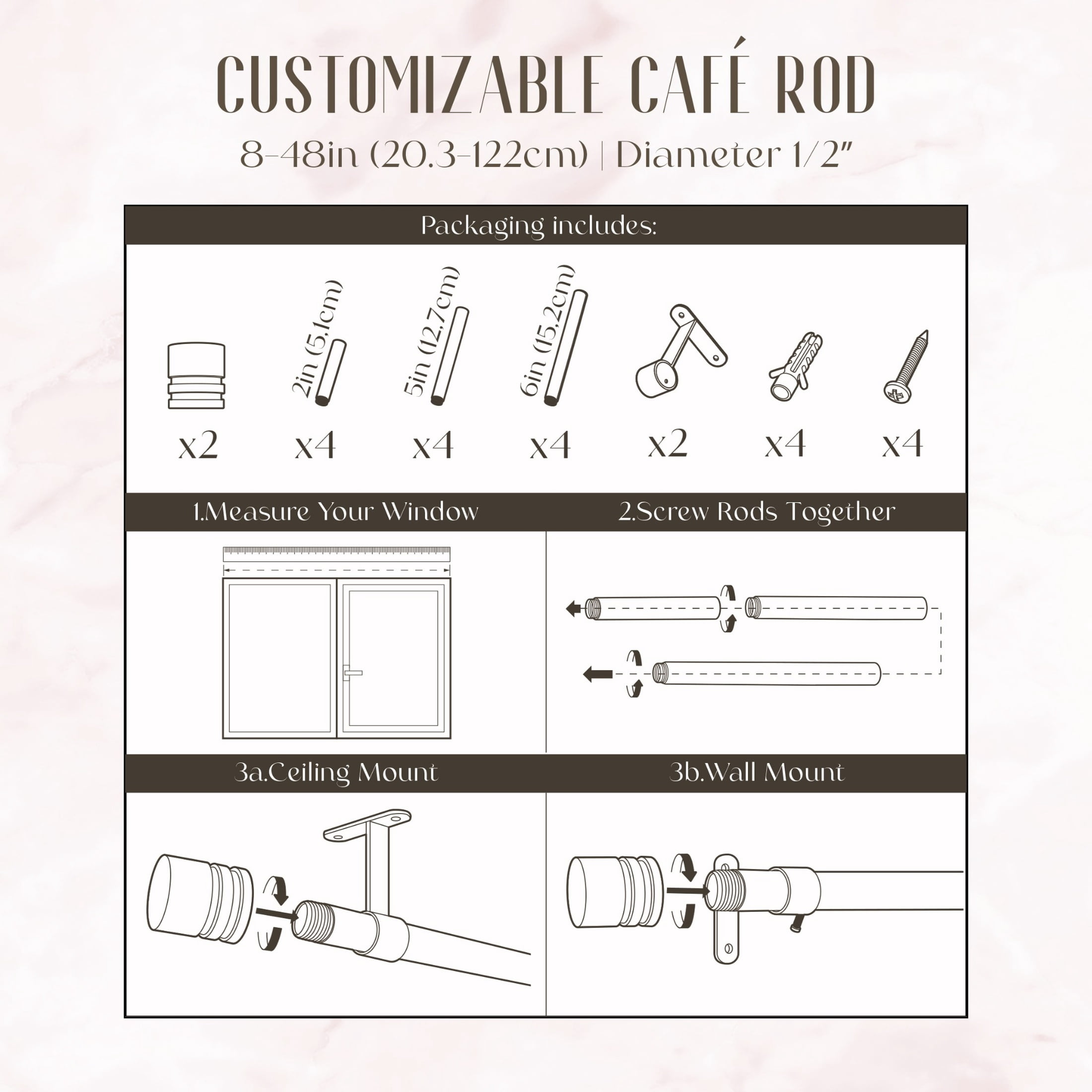 Dwell Studio, Cutomizable Café Rods, 1/2" Iron Material, 8 inch-48 inch Kit, Plated Brushed Nickel
