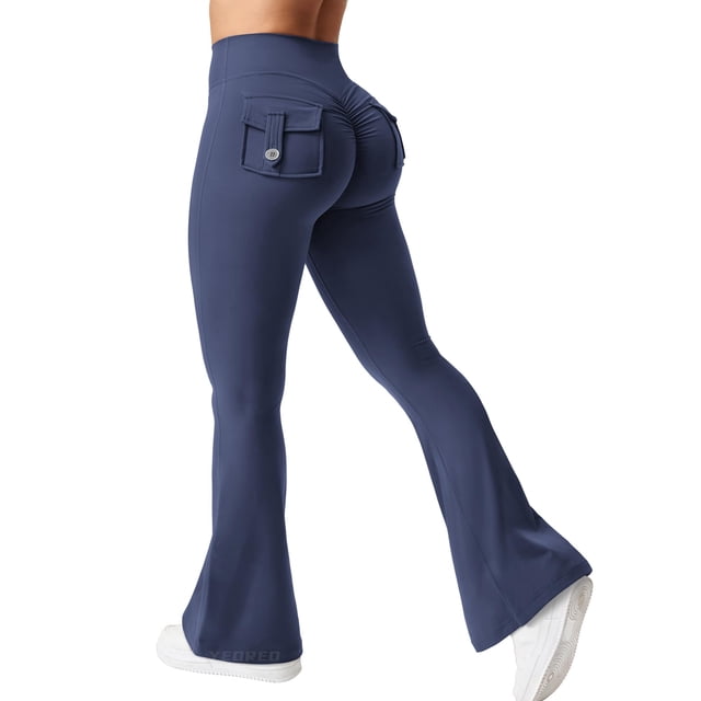 Leggins YEOREO Brittany Flare con bolsillos para mujer, color azul marino, talla S