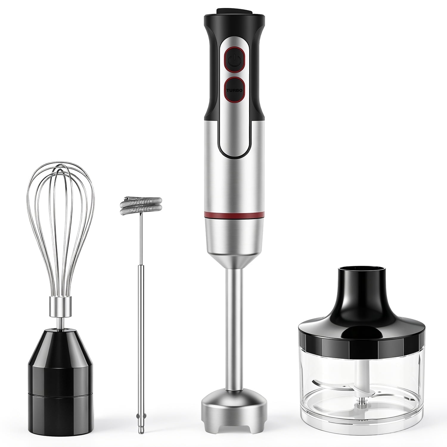TINANA 4-in-1 Immersion Hand Blender Set, 7 Speeds Stainless Steel Stick Blender with Chopper, Egg Whisk & Milk Frother, Black