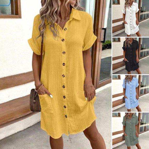 ZenCart Women's Cotton Linen Dress Casual Button Down V-neck Dress with Pockets Summer Short Sleeve Beach Sundress