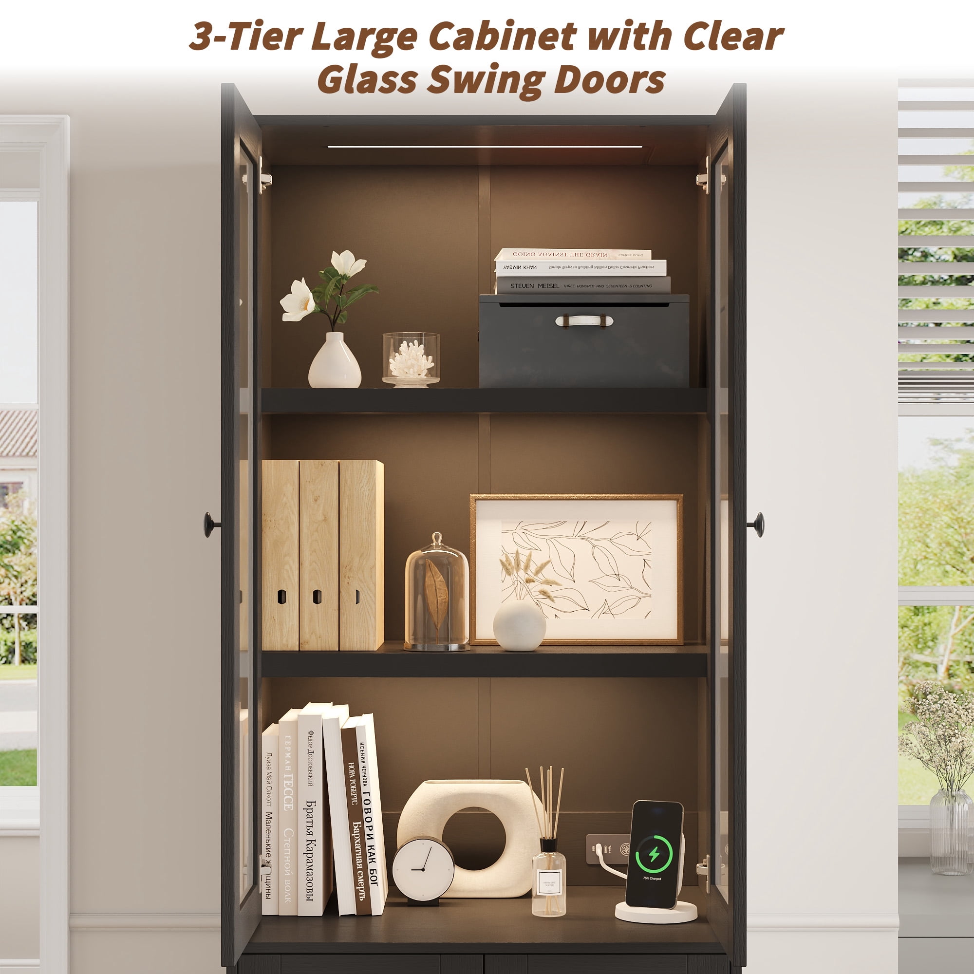 NEGYLIM 71" Bookcase with Glass Door,Display Bookshelves with Charging Station & Adjustable LED Lights,Modern Bookcase for Living Room,Bedroom,Home Office (Black B)