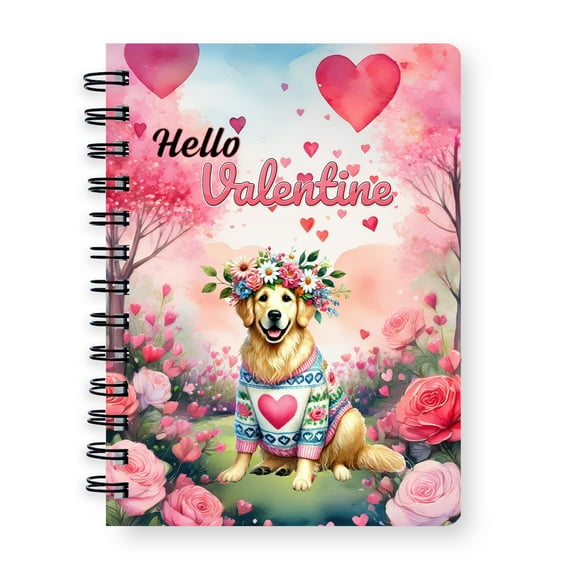 Hello Valentine’s Day Golden Retriever Flower Crown Romantic Pink Floral Spiral Bound Journal Goldens Dog Lover Gifts Idea 5x7in Spiral Notebook - 00031