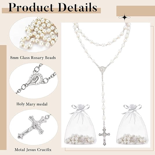 50Pcs white faux pearl Rosaries gold tone Cross Rosary / Religious Rosary/baptism favor
