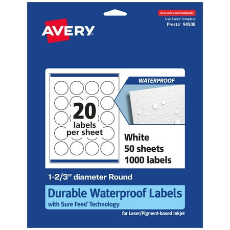 UPC: 0194793910971 | Avery Durable Waterproof Round Labels with Sure Feed  1-2/3  diameter  1000 Oil and Tear-Resistant Waterproof Labels  Print-to-the-Edge  Laser/Pigment-Based Inkjet Printable Labels