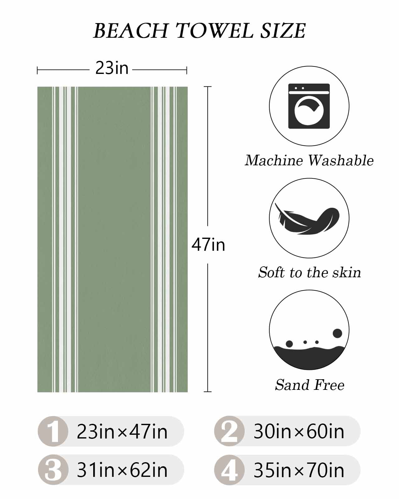 Dark Sage Green Beach Towels Oversized Super Absorbent, Farmhouse Sage Green White Striped Lightweight Bath Towel Quick Dry Sets For Bathroom/Pool/Rv Camping/Beach Play/Gym Room/Picnic 35"x70"