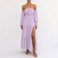 thumbnail image 3 of qafoshin Off Shoulder Dresses for Women Long Sleeve Solid Color Slit Maxi Dress, 3 of 6