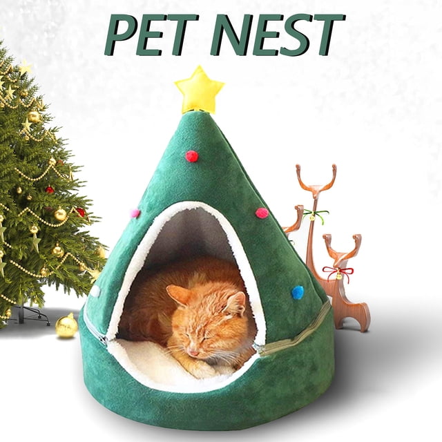 Xihbxyly Cama con Forma de Árbol de Navidad, Acogedora Caseta Cerrada para Mascotas, Cojín Extraíble y Lavable, Protección Térmica de 360 Grados, Ideal para Perros y Gatos, Perfecta para La Comodidad