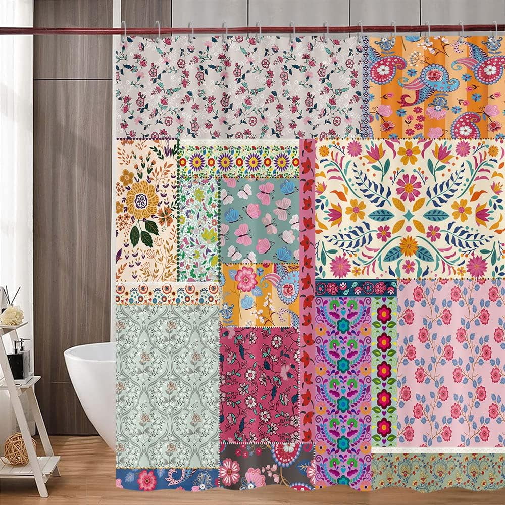 Boho Patchwork Shower Curtain, Vintage Bohemian Paisley Stitching Floral Shower Curtain Art with Hooks, Retro Farmhouse Cottage Rustic Colorful Wildflowers Flowers Design Shower Curtain Set, 72"X72"